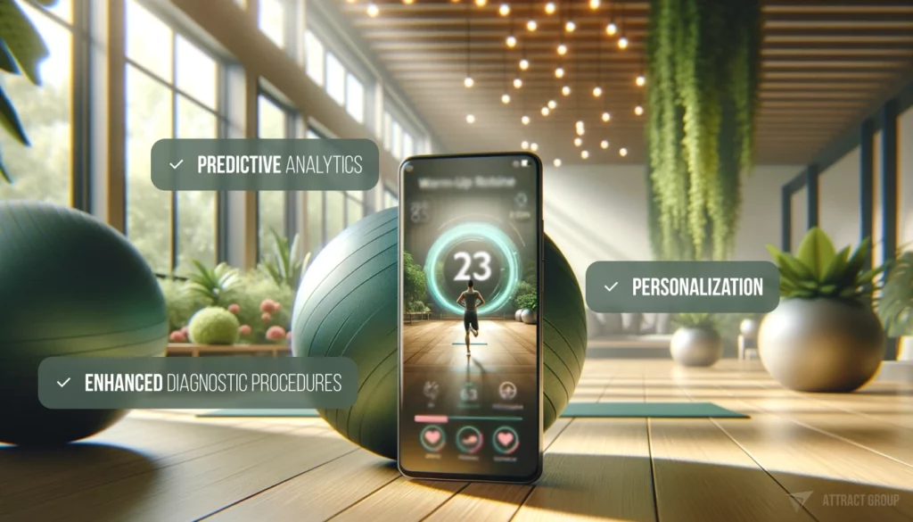 Illustration for The Impact of AI and Machine Learning on MedTech Mobile Apps. A close-up of a smartphone displaying a fitness app on its screen. The screen shows a warm-up routine video UI, with icons and data related to sport activity at the bottom. In the background, there's a softly blurred eco-inspired interior, featuring greenery and a large fitness ball. The setting is bathed in soft, natural light, giving the image a serene and healthy atmosphere. 