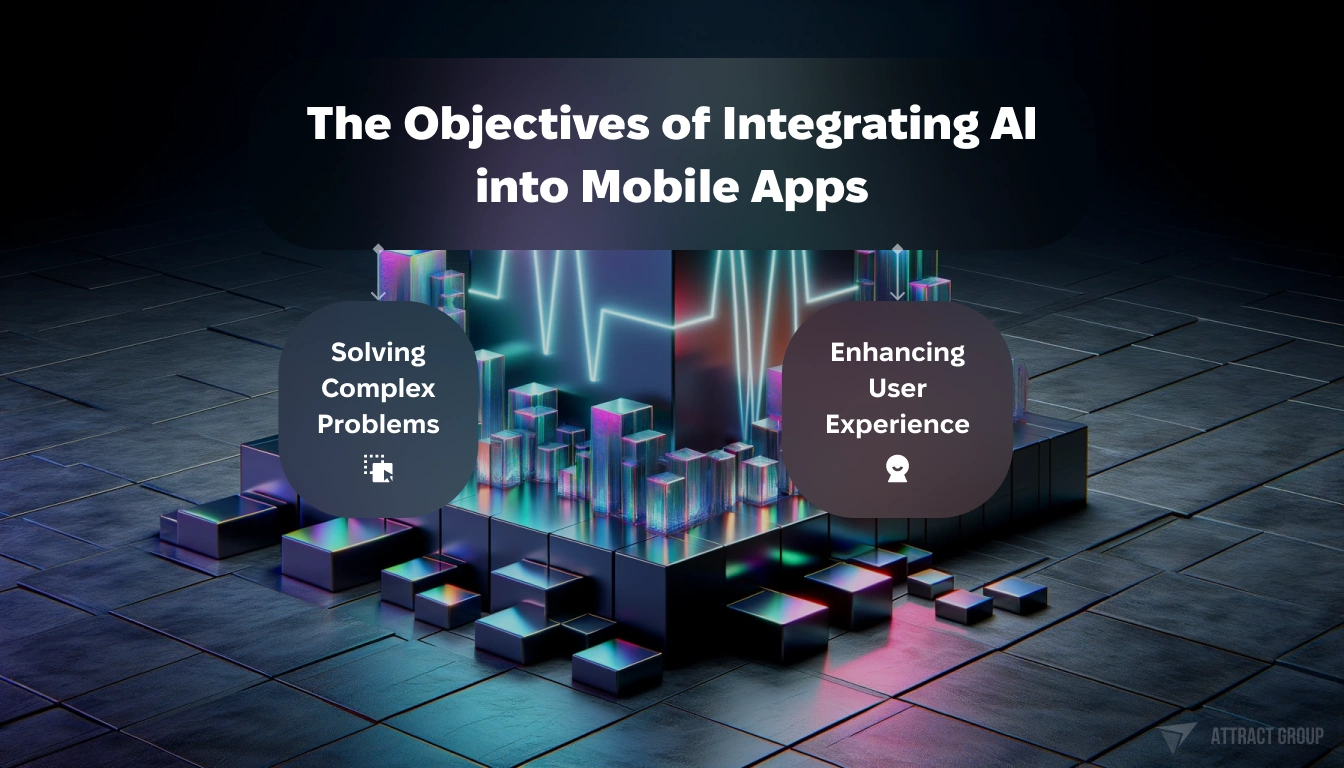 Illustration for The Objectives of Integrating AI into Mobile Apps. At the center, place a monolithic, rectangular object with a neon-lit graph line on its surface, possibly representing a heartbeat or data trend. The object should rest on a stack of translucent cubes that have a holographic finish, with a spectrum of colors visible at the edges due to light refraction. These cubes are set upon a geometrically fragmented ground composed of reflective black tiles that create sharp reflections. The lighting in the scene should produce a dramatic contrast between light and shadow, contributing to the futuristic and complex visual of the composition.