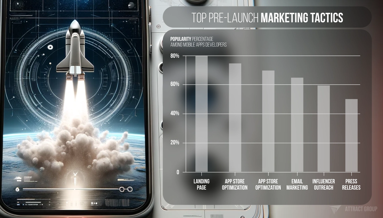 The image is a split-composition graphic. On the left side, there's a photo-realistic depiction of a space shuttle launching from Earth into space, with a fiery trail below and a digital interface overlaid on the edges, suggesting a high-tech or futuristic theme. On the right side, there's a bar graph titled "TOP PRE-LAUNCH MARKETING TACTICS," displaying the percentage of developers who use different tactics. From left to right, the tactics listed at the bottom are: App Store Optimization, Email Marketing, Influencer Outreach, Landing Page, Press Releases, and App Store Optimization (repeated). The bars show varying heights, suggesting different levels of usage for each tactic, although the exact percentages are not readable. 
