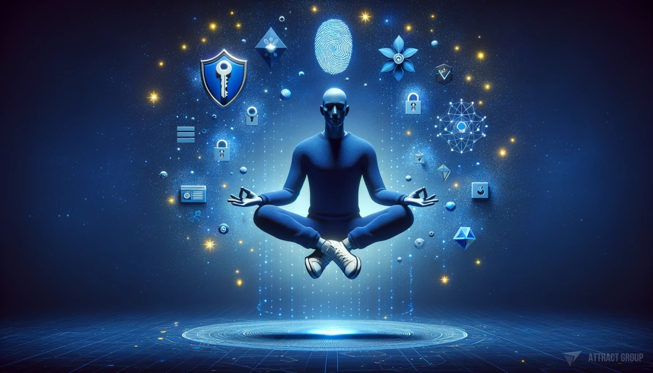 Illustration for Tracking Progress and Performance Analytics. a person meditating in a cross-legged position, levitating in a cosmic or digital-themed space. The character is dressed in a blue outfit with white sneakers and exudes a peaceful expression. Surrounding the character are symbolic elements related to digital security and technology, such as a key, shield, fingerprint, data blocks, and a check mark, all floating around like objects in space. The dark blue backdrop is sprinkled with bright yellow stars, contributing to the digital cosmos vibe. This image encapsulates a sense of tranquility and mastery over the intricate and abstract ideas of digital safety and information.