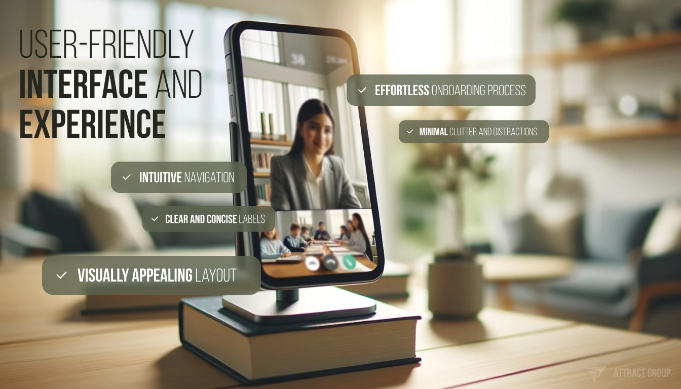 Illustration for User-Friendly Interface and Experience. A smartphone on a stand with an ongoing video call displayed on the screen. The video call features a teacher and school students, suggesting an educational session. The background is intentionally blurred to focus on the screen, with a soft, calm light that suggests a serene atmosphere in a modern, eco-inspired apartment. The image should convey the concept of remote learning or virtual classroom engagement within a contemporary living space that embraces natural and sustainable design elements.