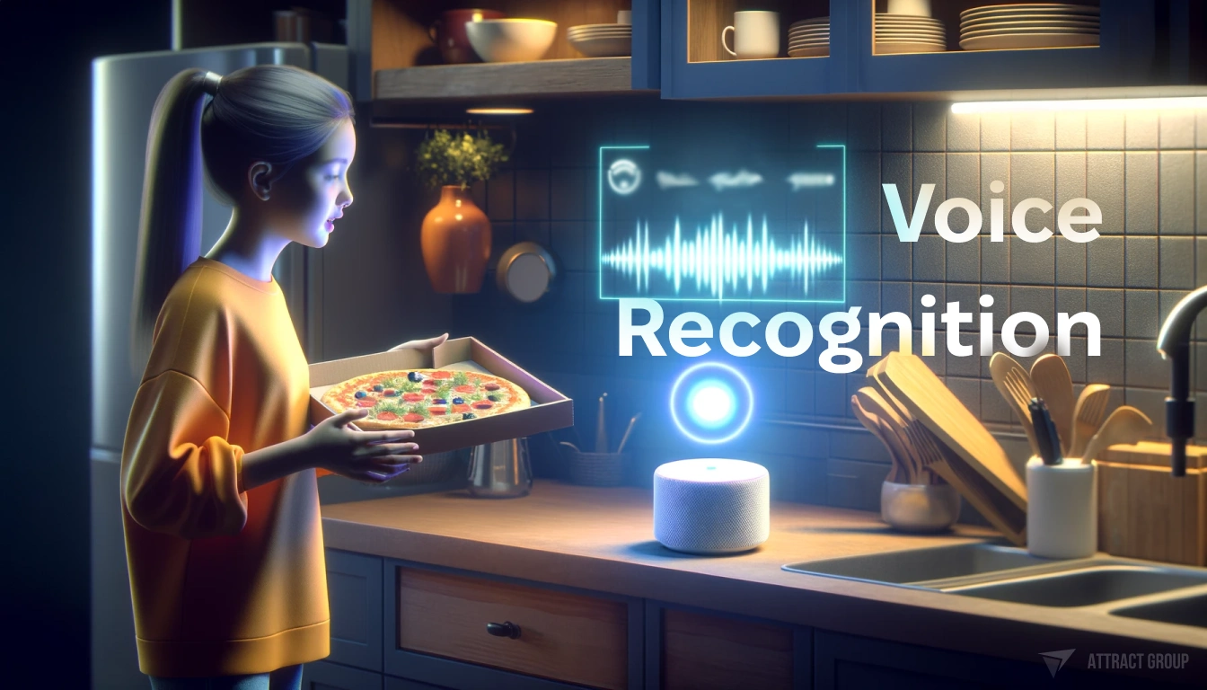 Illustration for Voice Recognition. A girl in a kitchen, holding a large box of pizza. She is speaking to a voice assistant, instructing it to turn on the light. The voice assistant is designed as a futuristic, small white plastic box with a neon light indicating voice vibrations, which lights up in response. The room should be illuminated as the light turns on, highlighting the realistic textures of the kitchen environment, the girl, and the pizza box. The image should capture the moment where technology seamlessly integrates into everyday life.