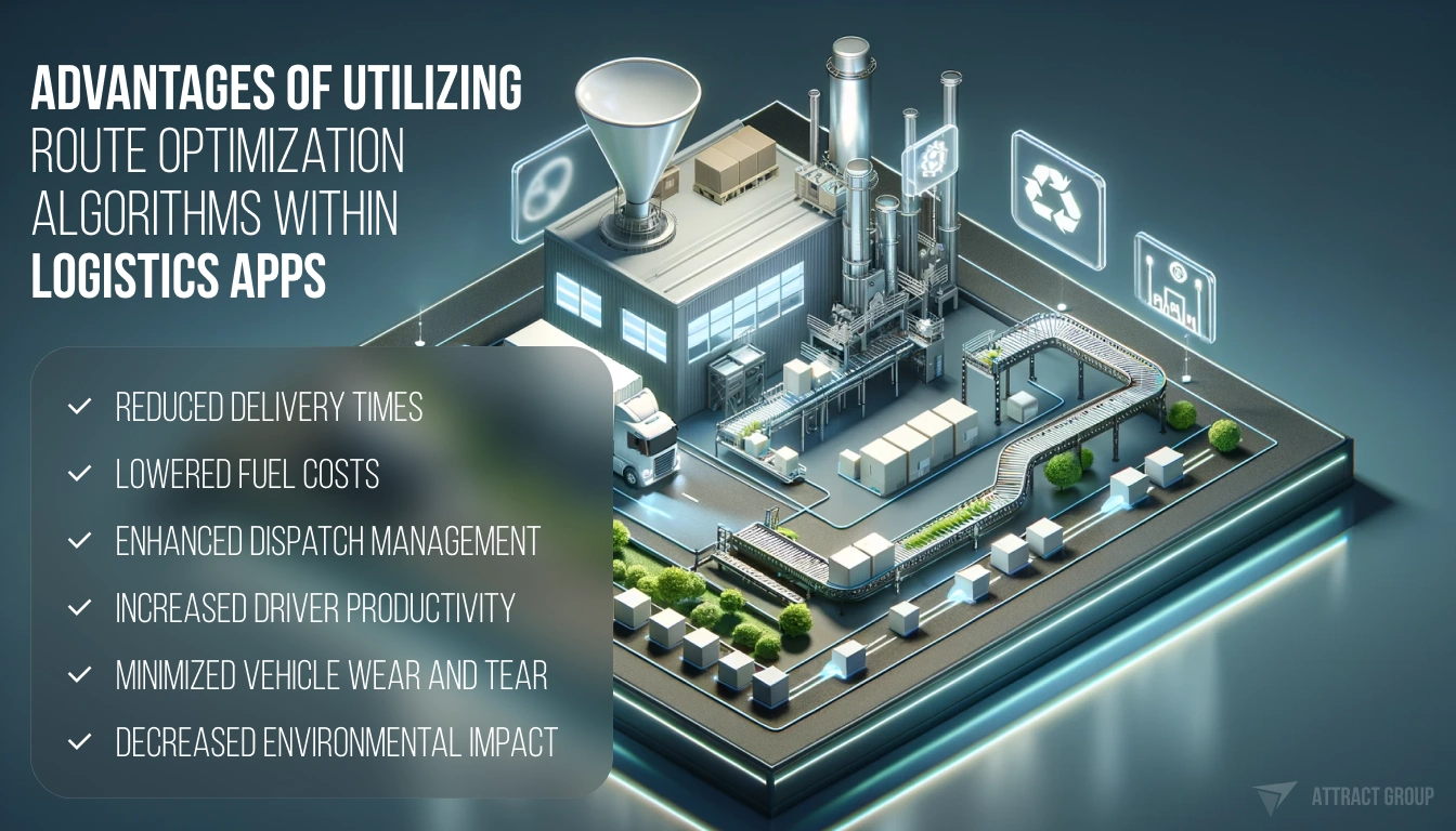 The image is an isometric digital illustration of a logistics and manufacturing facility. It features a factory building with a connected warehouse, smokestacks, a large hopper, and various industrial details. Trucks are depicted loading and unloading goods, with a railway track running alongside. Floating icons above the facility represent recycling, packaging, and analytics, suggesting a focus on sustainability and data-driven management. On the left side of the image, there is a list titled "ADVANTAGES OF UTILIZING ROUTE OPTIMIZATION ALGORITHMS WITHIN LOGISTICS APPS" with bullet points including reduced delivery times, lowered fuel costs, enhanced dispatch management, increased driver productivity, minimized vehicle wear and tear, and decreased environmental impact. 