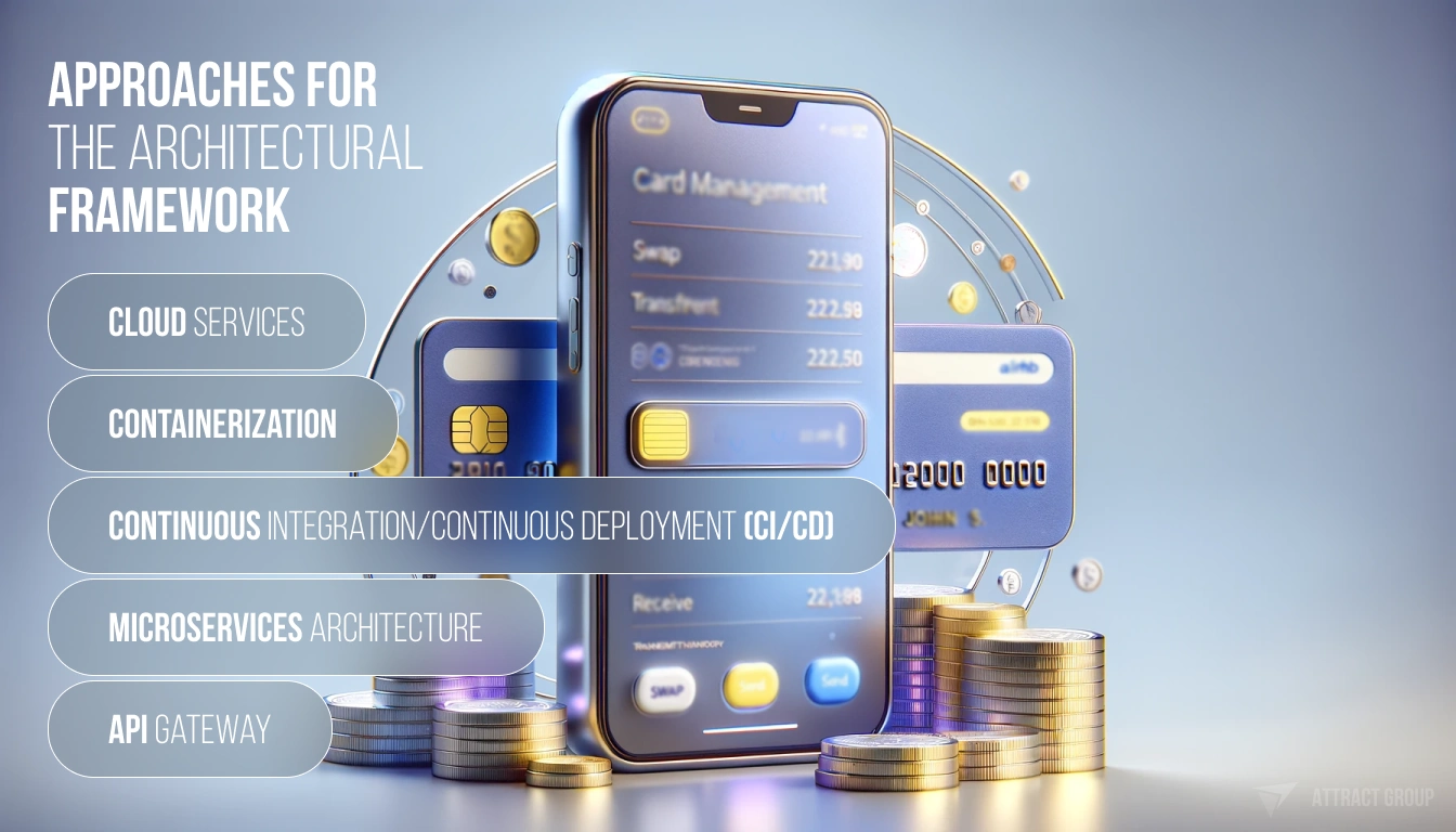 The image is a digital graphic showcasing "APPROACHES FOR THE ARCHITECTURAL FRAMEWORK" related to app development. It features a smartphone in the center with a banking app interface displayed onscreen, labeled "Card Management". The app shows options like "Swap", "Transfer", and "Receive" with transaction amounts listed. Behind the phone, a series of stacked golden coins indicate financial themes. To the left, there is a list of technical approaches used in app architecture: "CLOUD SERVICES", "CONTAINERIZATION", "CONTINUOUS INTEGRATION/CONTINUOUS DEPLOYMENT (CI/CD)", "MICROSERVICES ARCHITECTURE", and "API GATEWAY", each with an associated icon. These are laid out on a blurred background that complements the blue and gold color scheme of the graphic. The composition implies a sophisticated, tech-savvy approach to banking app development.
