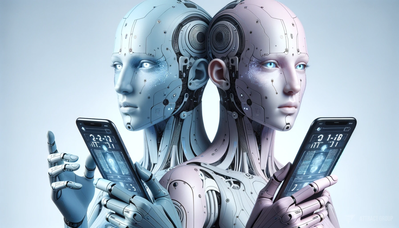 A/B Testing. Two futuristic cyborgs, one pale blue and one pale pink, each holding a smartphone. Their faces should have transparent overlays featuring digital numbers and symbols, implying a sophisticated interface or heads-up display (HUD). The design of the cyborgs should reflect a seamless integration of organic and synthetic elements, embodying the theme of advanced technology and artificial intelligence. The monochromatic color scheme should enhance the portrayal of a high-tech future where the line between humanity and digital technology is blurred.