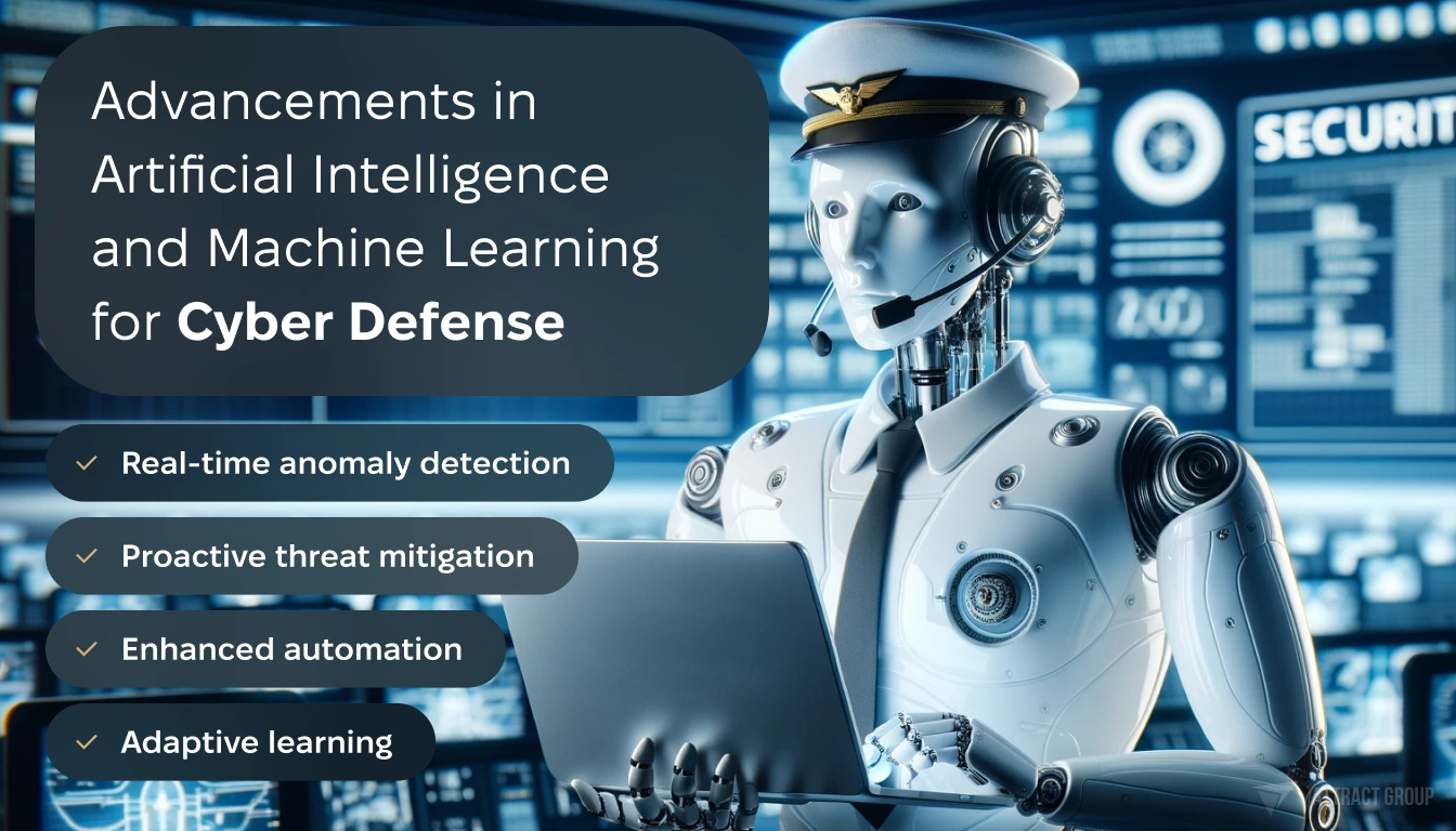 Illustration for Advancements in Artificial Intelligence and Machine Learning for Cyber Defense. A plastic white cyborg representing security, holding a laptop in its hands. The cyborg should have a futuristic appearance, with features that suggest advanced technology and intelligence. On its head, place an airplane captain's headset, symbolizing a connection to aviation. In the background, include blurry monitors displaying aircraft technology, indicating a high-tech environment. The scene should convey the blend of artificial intelligence and human expertise in modern aviation security, with the cyborg as the central figure in a sophisticated control center.