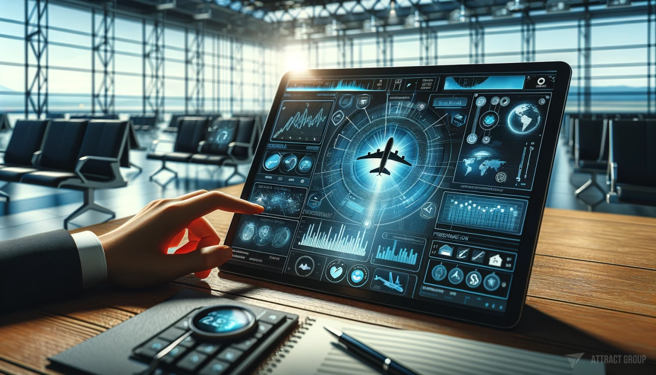 The concept of personalized software streamlining operational processes in the aviation business. The image should showcase a modern, digital control panel or software interface, possibly on a tablet or large screen, with graphics and icons that represent different operational tasks being efficiently managed and automated. Include visual metaphors for speed and simplification, such as fast-moving data streams, organized dashboards, or checkmarks indicating completed tasks. The setting can suggest an airport or control room environment, with the emphasis on the ease and efficiency brought by advanced software solutions.