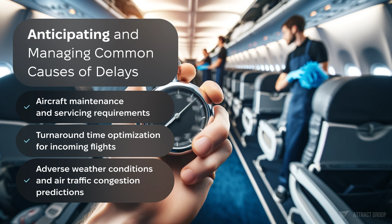 Anticipating and Managing Common Causes of Delays. Close-up photo of a timer in the foreground. In the blurred background, cabin cleaners should be visible inside an airplane, engaged in their cleaning duties. The focus should be on the timer, emphasizing the importance of time management in the cleaning process, while the cleaners in the background suggest a diligent and coordinated effort to maintain the aircraft's cleanliness.