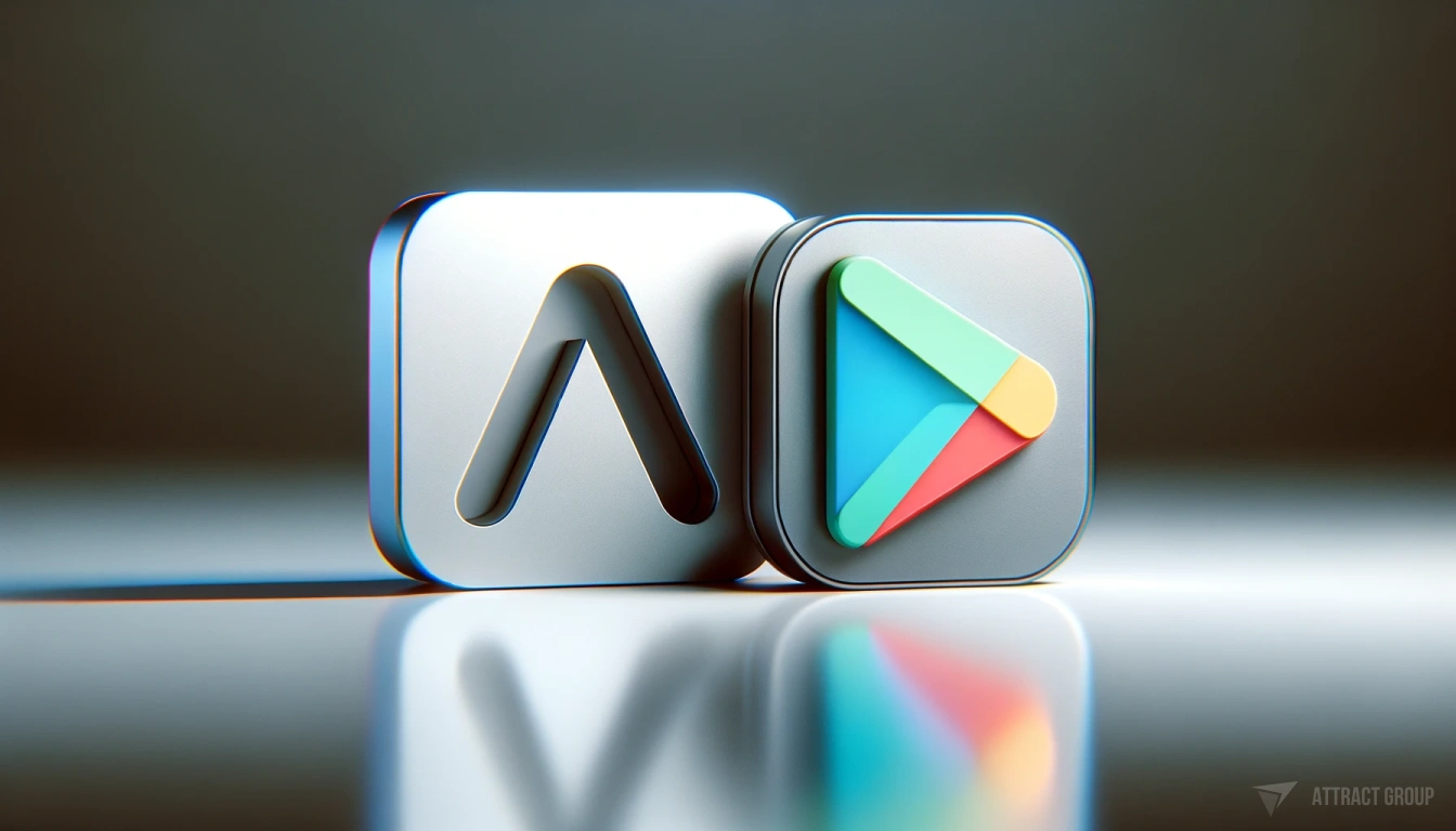App Store and Google Play Submission Processes. A generic app store icon, not associated with any real-world brand, and a play store icon with a play button symbol. The icons should be 3D and highly realistic with a modern design, placed side by side on a sleek, reflective surface. The app store icon features a stylized 'A' made of sleek lines and geometric shapes, while the play store icon displays a vibrant play button. The background should be minimalistic and clean to keep the focus on the icons.