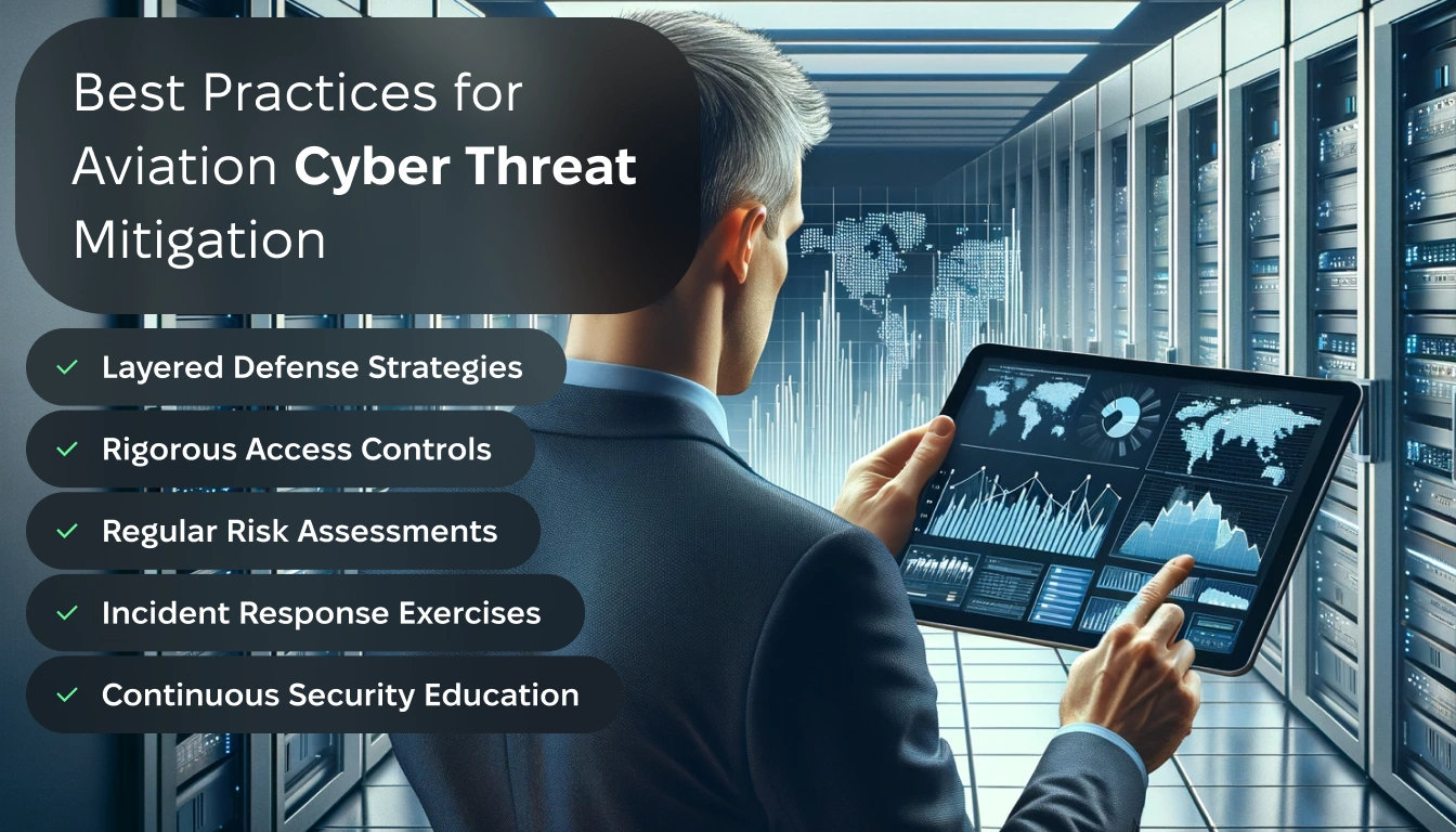 Illustration for Best Practices for Aviation Cyber Threat Mitigation. A view from the back of a man using a tablet to check work with graphs that resemble data associated with the airline industry. In front of the person, depict servers, indicating a data center or server room environment. The man should be focused on the tablet, which displays detailed graphs and data analytics. The servers should be realistic, illustrating a high-tech setting. This scene should convey the concept of managing or analyzing complex airline data in a technologically advanced workspace.