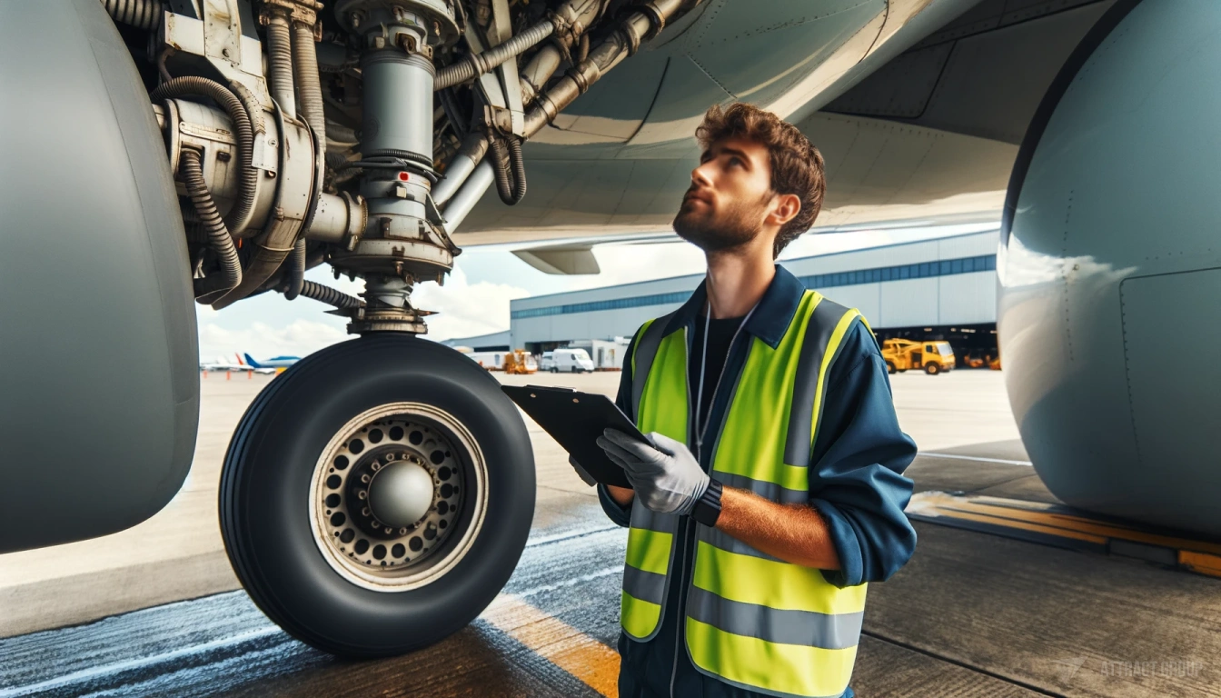 Boosting Efficiency and Reducing Error Rates. A person of unspecified gender and descent, wearing a high-visibility safety vest, standing under the wing of an aircraft. The individual is inspecting the landing gear mechanism, focused on the mechanical components situated above the large aircraft tires, indicative of performing a maintenance check or evaluation. The setting is clearly an airport with tarmac and a part of an airport structure in the background, establishing the context of aviation operations and the person's role as a member of the ground crew or maintenance staff ensuring aircraft safety and readiness.