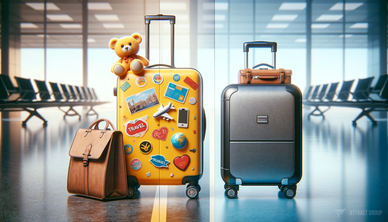 Business Needs and Personal Travel. A split-screen image showcasing two different types of luggage on an airport floor, representing contrasting travel purposes. On the left side is leisure travel luggage: a vibrant yellow suitcase adorned with fun travel stickers, beside which is a shopping bag with a toy bear peeking out, suggesting a family vacation. On the right side is business travel luggage: a sleek, professional-looking business briefcase next to a small, high-end aluminum suitcase, implying travel for corporate or formal purposes. The scene is set in an airport with a soft focus background, subtly indicating the hustle and bustle of travel, with a clear distinction between the personal and business travel sectors. 
