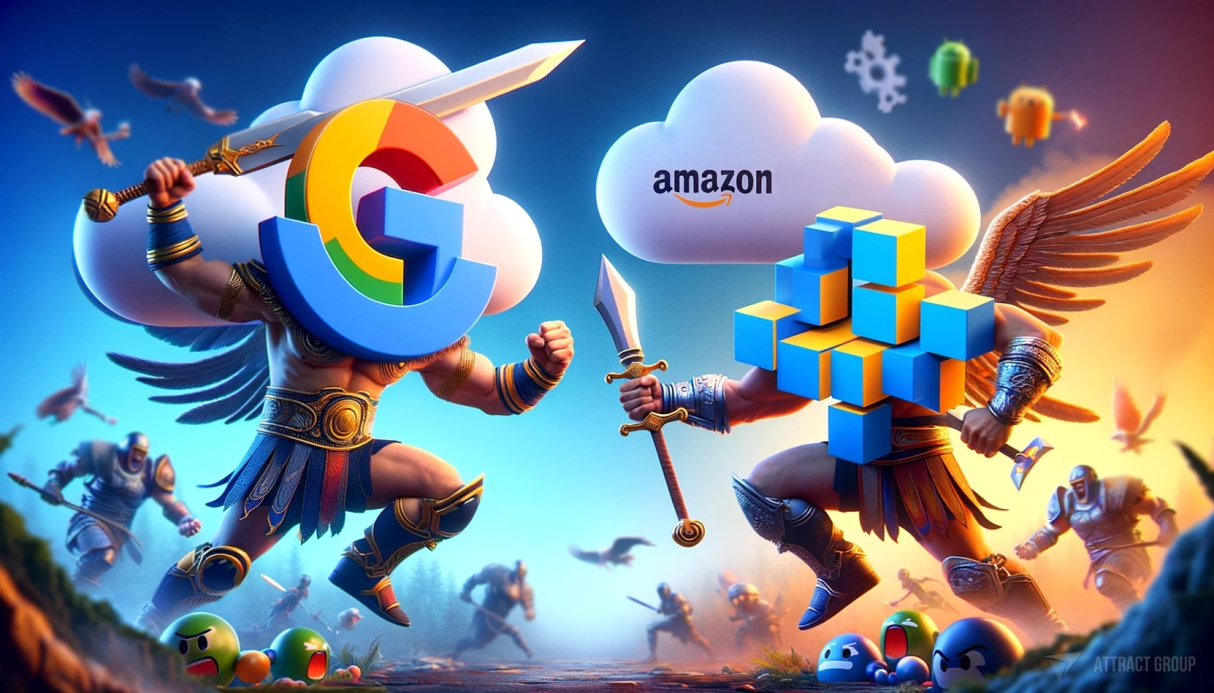 Illustration for Choosing Between Google Cloud, AWS, and Azure for Your Mobile App. An epic, game-like battle scene between characters representing Google Cloud Platform and Amazon Web Services. The characters should be stylized and imaginative, embodying the essence of each cloud service. The Google Cloud Platform character could have design elements reflecting Google's color scheme and cloud computing symbols, while the Amazon Web Services character might incorporate Amazon's color palette and cloud technology motifs. The scene should be dynamic and intense, capturing the competitive spirit in the cloud computing industry. Add special effects and a vivid background to enhance the epic nature of the confrontation.