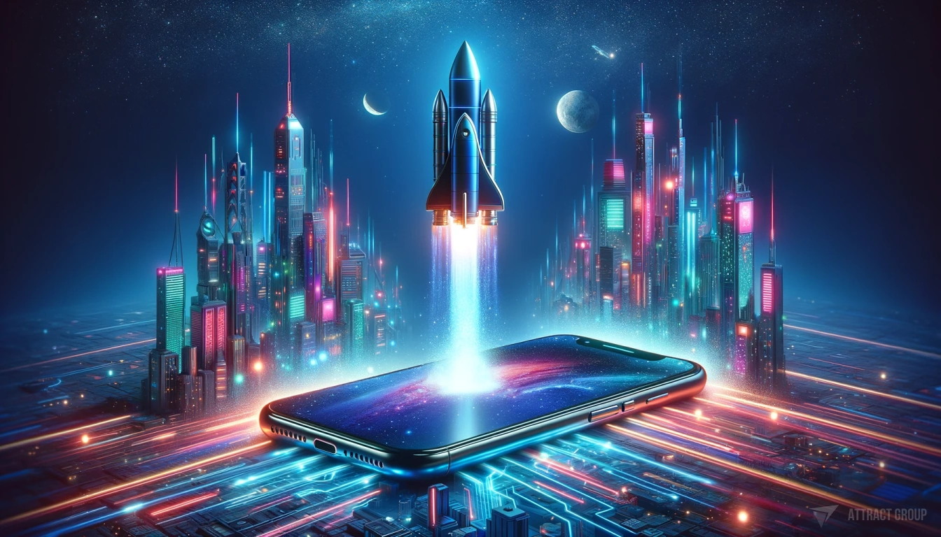 Illustration for Choosing the right mobile app analytics platform is essential. A smartphone that is partly a space rocket, taking off into space. Surround the smartphone-rocket with a neon futuristic cityscape, showcasing tall buildings, glowing lights, and advanced technology. The scene should capture the moment of the smartphone-rocket's ascent, emphasizing its power and the blend of mobile technology with space exploration. The neon city should add a vibrant and futuristic feel to the composition, illustrating a world where technology and imagination converge.