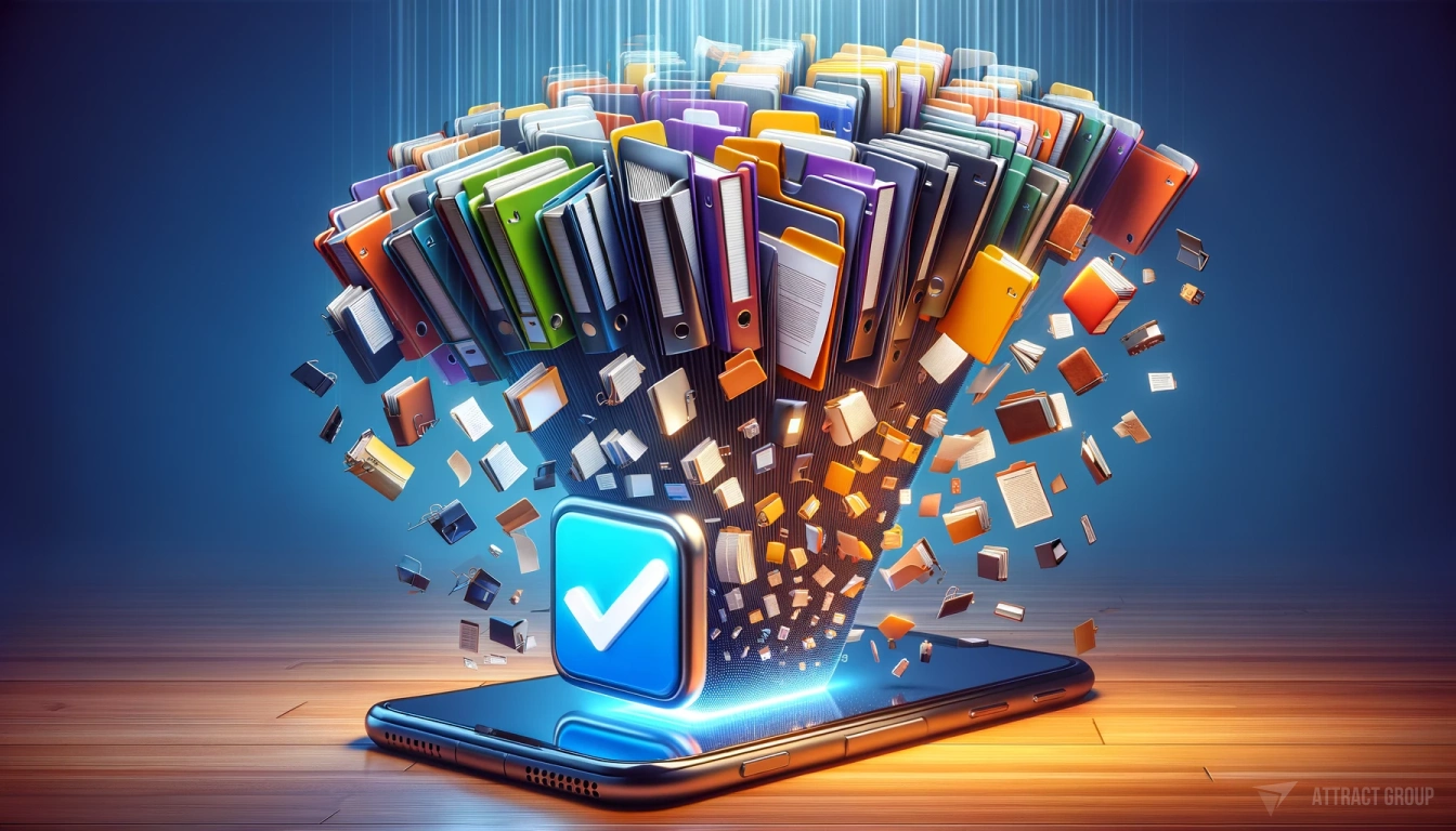 Illustration for Cloud Storage Solutions for App Data Management. A large number of highly realistic folders, documents, notebooks, and notes falling into a smartphone and disappearing into it. Next to the smartphone, showcase a large, voluminous checkmark, symbolizing successful data transfer or completion. The image represents the concept of loading a large amount of data into a smartphone. The composition should be dynamic and visually striking, with an emphasis on the motion of the items as they merge into the smartphone. Include amazing lighting to highlight the textures and depth, enhancing the overall visual impact of the scene.