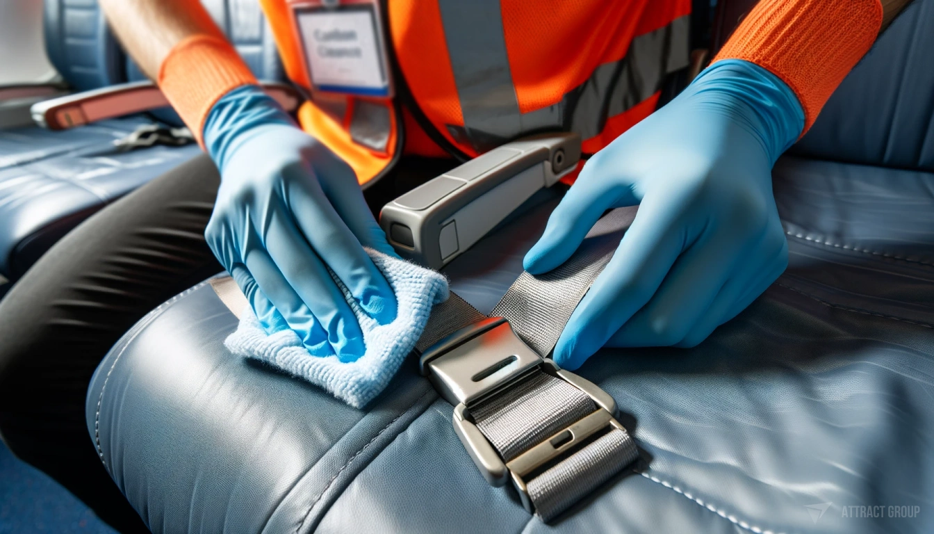Creating a Seamless Travel Experience for Passengers. A close-up of a cabin cleaner's hands wiping down an airplane seat belt buckle. The cleaner should be wearing blue protective gloves and an orange high-visibility vest. The background, slightly out of focus, should display airplane seats and seatback literature pockets, suggesting the cleaning is happening inside an aircraft cabin. The image should emphasize the meticulous cleaning process and the high hygiene standards maintained by airlines for the safety and comfort of passengers.