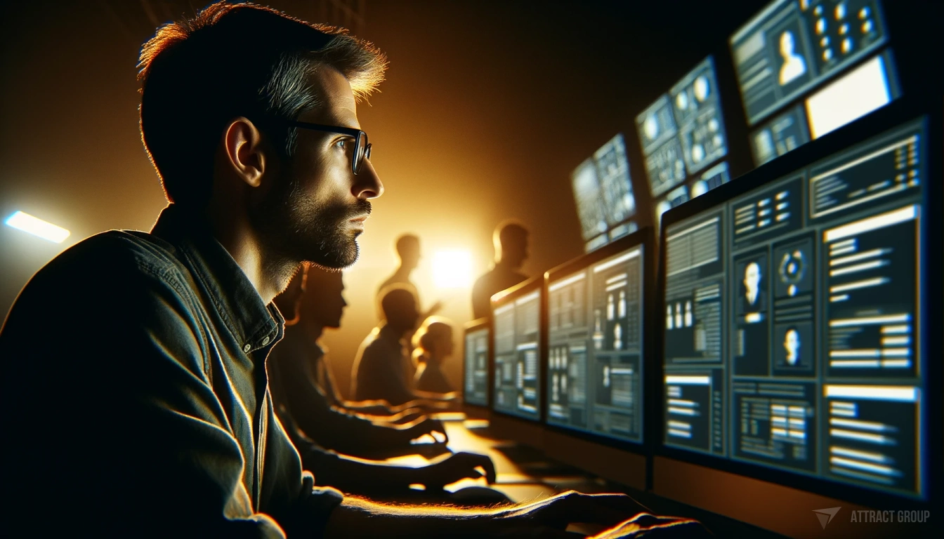 Custom Software Development: Tailoring Security for Aviation Needs. A man with unspecified descent, in a dark room illuminated by the warm glow of multiple computer monitors. He is wearing glasses and appears intently focused on the content displayed on the screens, indicative of working or analyzing data. The monitors are filled with various types of information that suggest network monitoring, system administration, or data analysis. In the softly lit background, silhouettes of other people are visible, implying the presence of additional personnel or a team in this workspace. The overall setting is similar to a control room or operations center. 