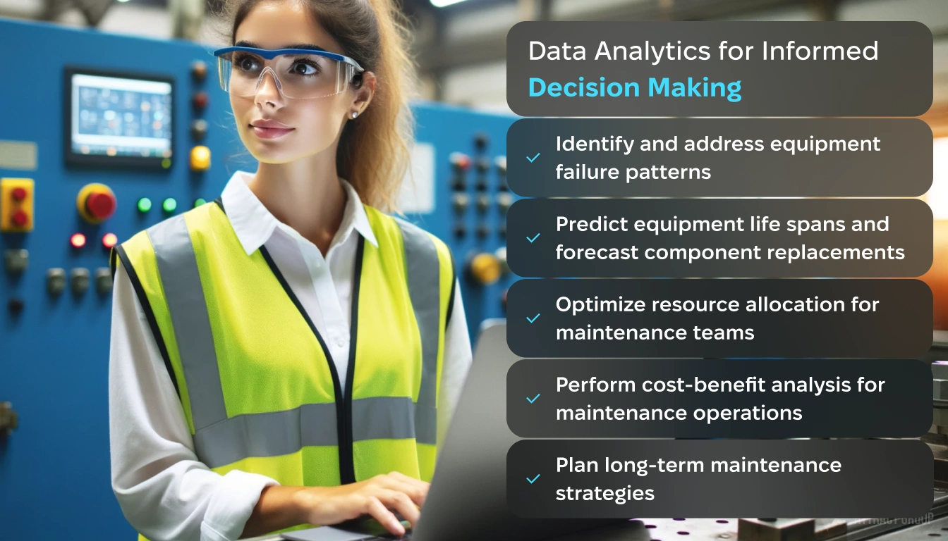 Data Analytics for Informed Decision Making. A woman in an industrial setting. She is wearing a high-visibility safety vest over a white shirt, safety glasses, and has her hair tied back. In her hands is a laptop, and she looks attentively towards something off-camera. The background, while out of focus, should imply a manufacturing or workshop environment with machinery, blue panels with buttons, and control screens or monitors. The overall scene should communicate her focus and professional demeanor in the context of industry work.