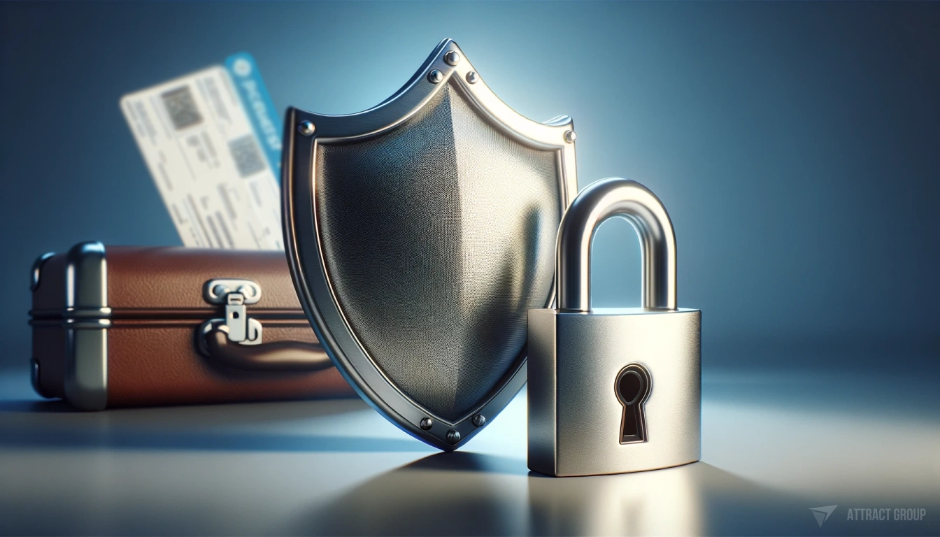 Data Security Challenges in the Aviation Industry. A 3D highly realistic shield paired with a closed padlock in the foreground. The shield has a metallic texture with reflections, suggesting it's made of steel or a similar strong material. The padlock is also metallic and highly detailed, indicating security. In the blurred background, there are airline tickets, hinting at travel security, and a suitcase, suggesting travel safety and the protection of belongings. The overall composition suggests themes of protection, safety, and travel security, with a focus on the shield and lock as symbols of safeguarding valuables.