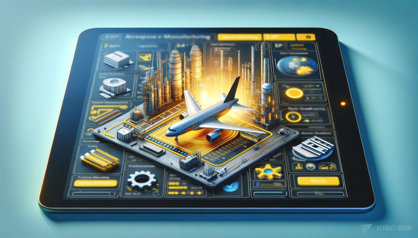 ERP system in aerospace manufacturing. Render of a tablet displaying an aerospace manufacturing ERP (Enterprise Resource Planning) system. The tablet should feature highly realistic 3D elements that represent the ERP's functionalities such as supply chain management, production scheduling, and parts inventory. The design should include highly realistic textures that give a tactile sense to the tablet and the user interface. Incorporate a yellow and blue color scheme to the ERP interface, which are often associated with precision, efficiency, and technology. The overall image should convey the complex and sophisticated nature of aerospace manufacturing and the technology that supports it.