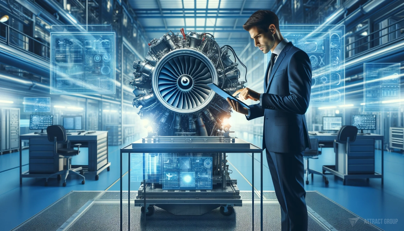 man in business attire, working on a tablet in front of a jet engine within a high-tech industrial environment. The engine should be on a stand at a workstation, indicating a process of analysis or diagnostics. The setting should be futuristic with blue ambient lighting and transparent digital screens displaying data. The overall look should suggest an advanced engineering or research facility, and the man's focused demeanor should convey a professional and technical evaluation or design process.
