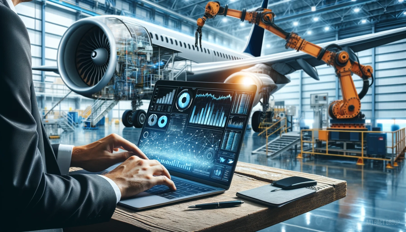 ERP systems in the aviation. A photo of a close-up of an individual using a laptop in an industrial setting. The laptop screen displays various graphs and analytics. In the background, there should be a section of an airplane fuselage with a robotic arm or machinery, indicating an aerospace manufacturing or maintenance facility. The image should highlight the interaction between the individual and the laptop, showcasing the importance of technology and data analysis in the field of modern manufacturing and engineering.