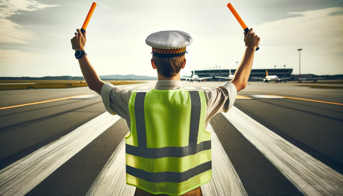 Employee Training and Awareness Programs. A person with unspecified gender and descent, from behind, wearing a high-visibility safety vest. They are signaling with two orange batons raised overhead, standing on an airport tarmac marked with runway lines. This suggests the person is directing an aircraft, performing a role common to ground crew in aviation. The background is slightly blurred to imply movement, potentially showing airplanes and the expansive airfield. The individual's activity, with the vest and batons, is characteristic of airport ramp agents who are responsible for guiding planes for takeoff, landing, and parking operations.
