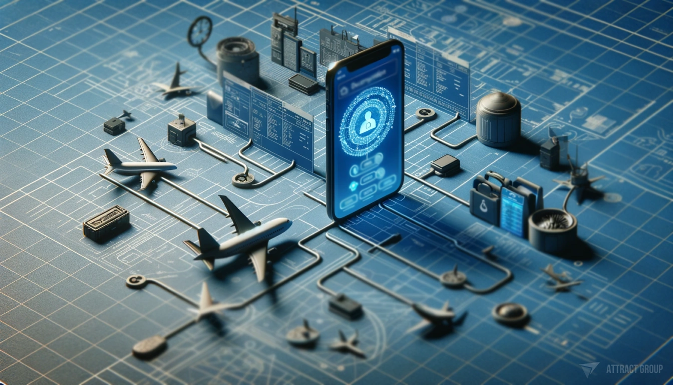 Illustration for Encrypted Communication: The Backbone of Secure Aviation Communication. A blueprint merged with 3D elements that illustrate the relationships with data encryption. The design should show a line connecting plane tickets to a plane, then to a chat interface, and finally to an airplane captain's headset. In the center of this visualization, place a realistic smartphone displaying an animation of data being loaded and encoded. The blueprint and 3D elements should clearly depict the flow of encrypted data through these various travel-related items. The overall composition should convey the concept of secure communication and data handling in the aviation industry.