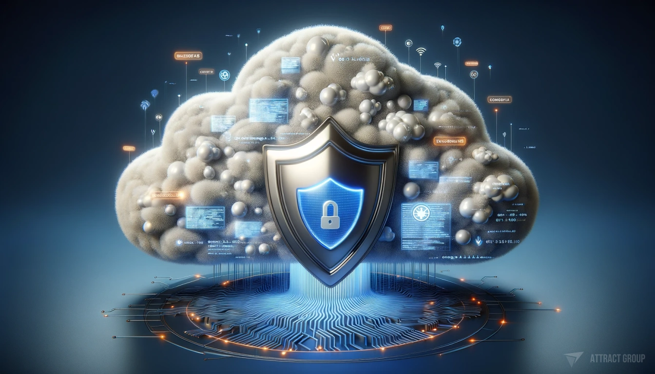 Illustration for Ensuring Data Protection and Compliance in the Cloud. A large shield blocking a voluminous cloud containing data and code. The shield should appear strong and protective, symbolizing cybersecurity and defense against digital threats. The cloud should be rendered with realistic textures, filled with swirling data and lines of code, representing stored digital information. This scene should convey the concept of safeguarding digital assets, with the shield acting as a barrier protecting the valuable data within the cloud. The overall composition should emphasize the importance of security in the digital world.