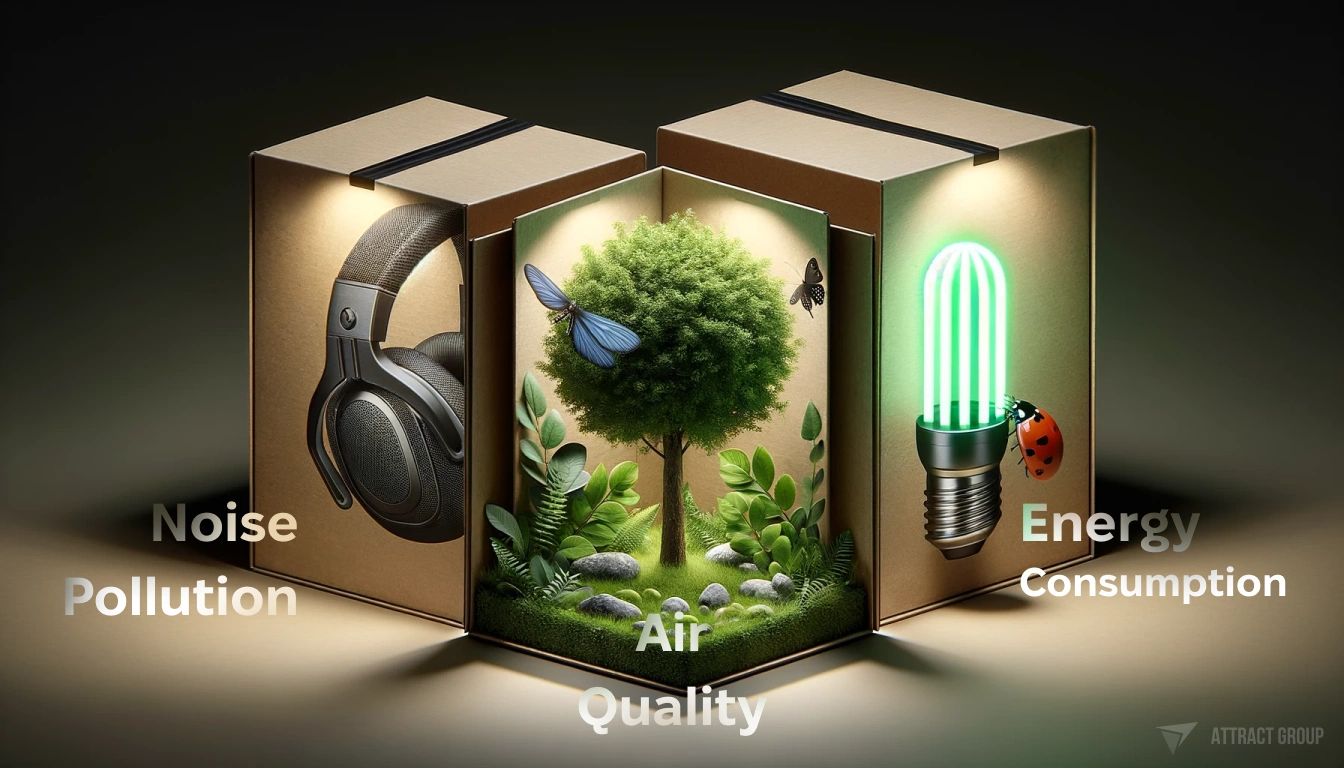 Three cardboard boxes, each depicting a unique item. The first box contains noise-cancelling headphones, shown with intricate details and realism. The second box features a green tree growing from it, with a ladybug flying off one of its leaves, symbolizing nature and life. The third box showcases an eco-lamp, representing energy conservation, with a design that emphasizes sustainability. Each item is rendered with highly realistic textures and is part of an amazing composition that highlights environmental consciousness and modern technology.