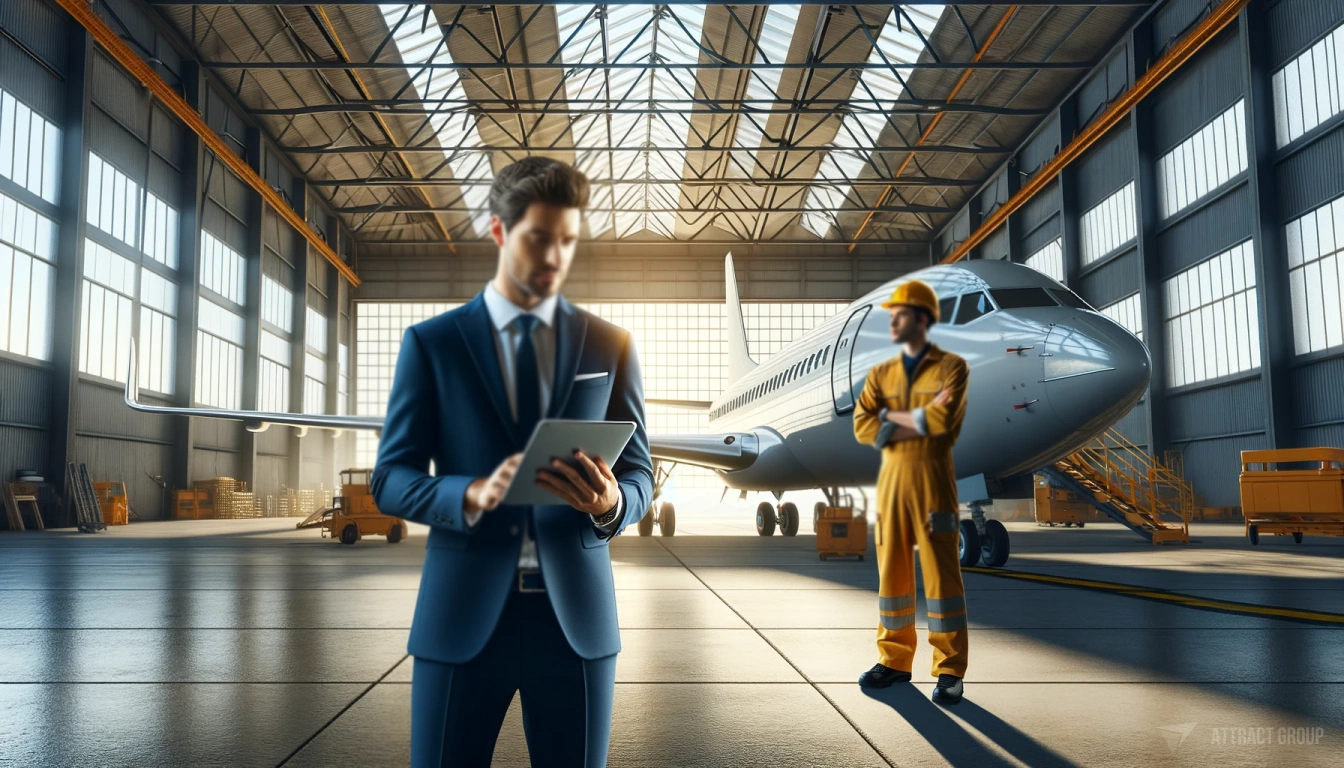 Government and industry collaboration for aviation cyber resilience. A hangar where an aircraft is parked. Feature a man in a suit holding a tablet, standing next to a hangar worker dressed in a yellow uniform and hard hat. The hangar should be spacious and industrial, with the parked aircraft visible in the setting. Use soft natural light to illuminate the scene, highlighting the details of the hangar, the aircraft, and the characters. The overall composition should convey a professional atmosphere of aviation maintenance or management.