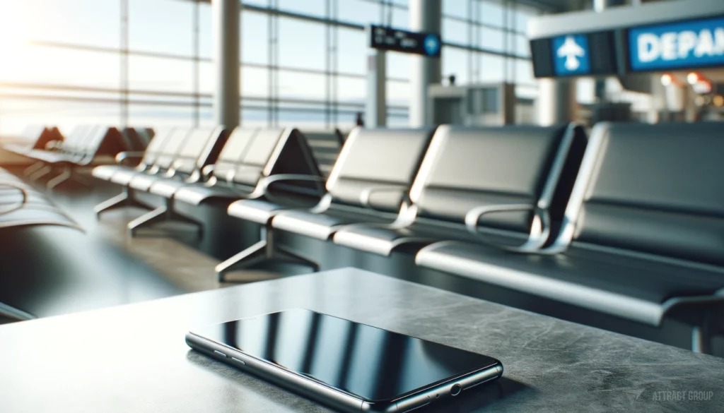 Illustration for Impact of Cybersecurity Breaches on Airline Operations. A modern smartphone lying on a counter in an airport waiting room. The smartphone should appear sleek and contemporary, indicative of current technology. The counter should have a typical airport waiting room design, perhaps with seats or a departure board visible in the background to set the scene. The focus should be on the smartphone, capturing the essence of travel and technology in a modern airport environment.