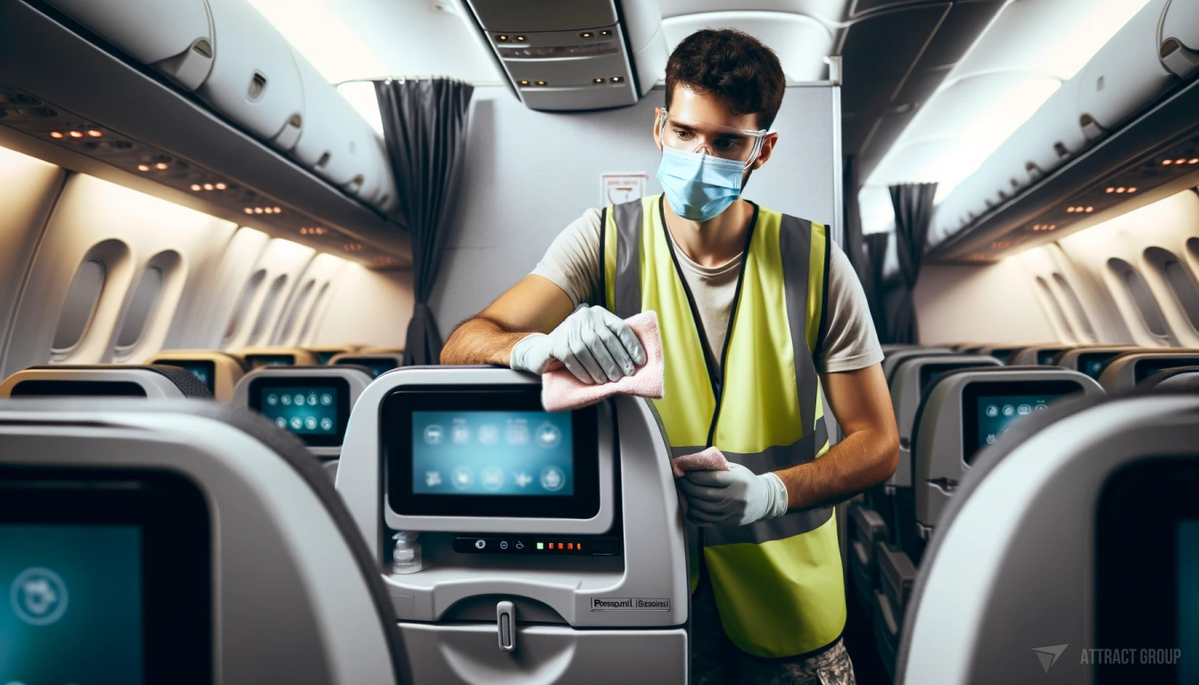 Improving Aircraft Turnaround Times through Streamlined Scheduling. A male cabin cleaner inside an airplane. He should be wearing a face mask, safety glasses, and a high-visibility vest. The cleaner is in the process of wiping an in-flight entertainment screen with a cloth. The seats should have headrest covers, indicating a well-maintained cabin with personal screens and various control buttons visible. The emphasis should be on the cleanliness of the cabin and the careful sanitization process carried out by the cleaner.