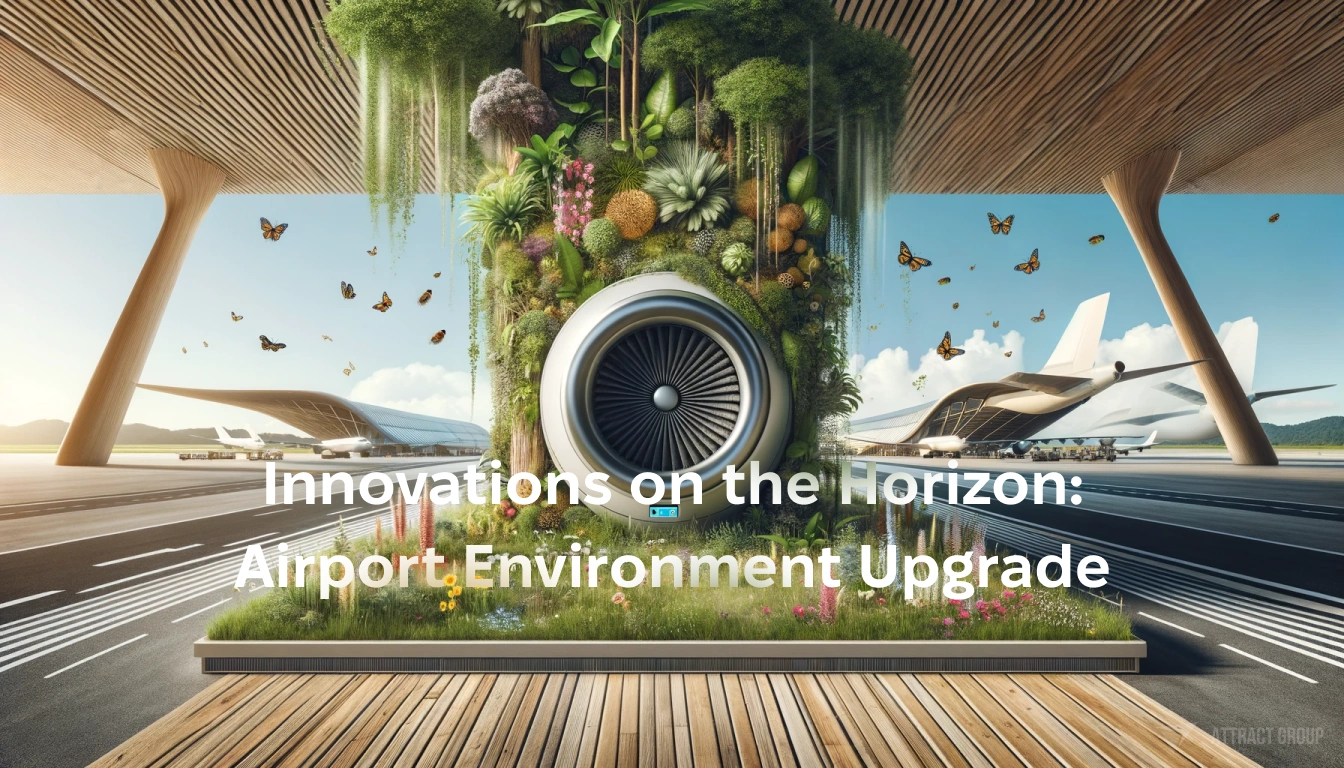 Illustration for Innovations on the Horizon: Airport Environment Upgrade. A future concept for environmentally innovative airports. In the foreground, there is a large air purifier surrounded by a thriving natural scene with growing flowers, climbing trees, and flying butterflies and bees, symbolizing a harmonious blend of technology and nature. The background features an environmentally innovative airport, characterized by abundant light wood textures and a clean, minimalist design. The overall composition of the image represents the future of airports, which not only reduce environmental harm but also actively improve the environment, showcasing a vision of ecological harmony and innovation in aviation.