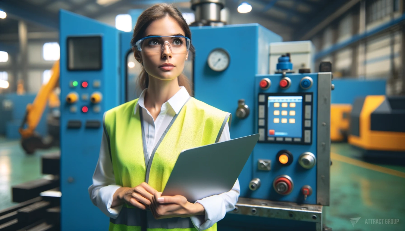 Inventory Management: A Critical Component for Aviation ERP. A woman in an industrial setting. She is wearing a high-visibility safety vest over a white shirt, safety glasses, and has her hair tied back. In her hands is a laptop, and she looks attentively towards something off-camera. The background, while out of focus, should imply a manufacturing or workshop environment with machinery, blue panels with buttons, and control screens or monitors. The overall scene should communicate her focus and professional demeanor in the context of industry work.