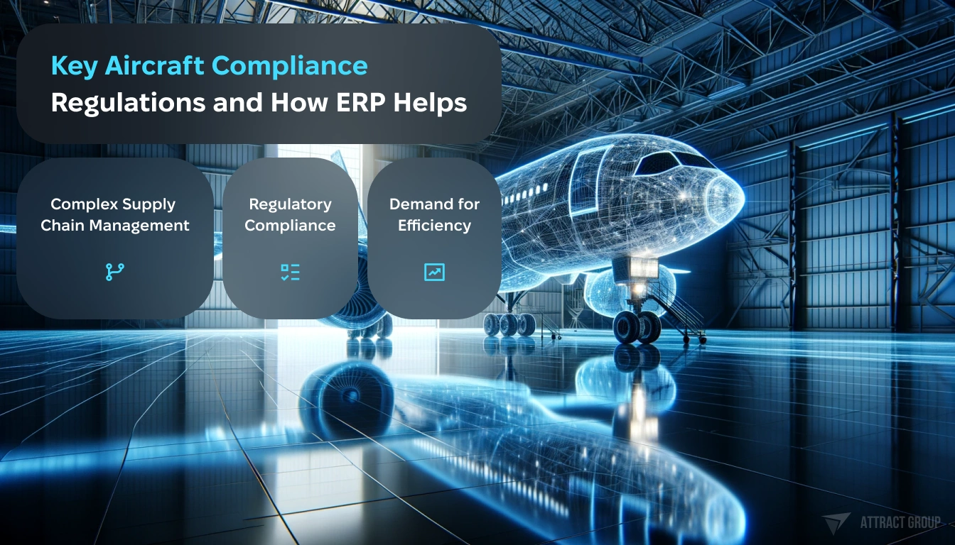 Key Aircraft Compliance Regulations and How ERP Helps. A passenger airplane with a wireframe design that appears transparent and holographic. The wireframe should be illuminated from within, highlighting the airplane's complex engineering. The scene is set on a glossy floor that reflects the airplane, indicating it's inside a spacious, dimly lit hangar with an industrial atmosphere and subtle blue lighting. The overall image should evoke a futuristic feel, showcasing the design, structure, and technological sophistication of the aircraft.