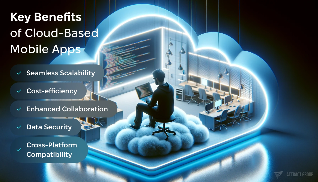 Illustration for Key Benefits of Cloud-Based Mobile Apps. A developer sitting in a cloud-shaped office, coding on their laptop. The office should be highly detailed, with realistic textures that convey a soft, cloud-like appearance. Include neon lights in the design to add a modern and tech-savvy ambiance. The developer should appear focused and immersed in their work, with the laptop screen showing lines of code. The overall scene should blend the concept of cloud computing with a creative, futuristic workspace, highlighting the innovative nature of software development.