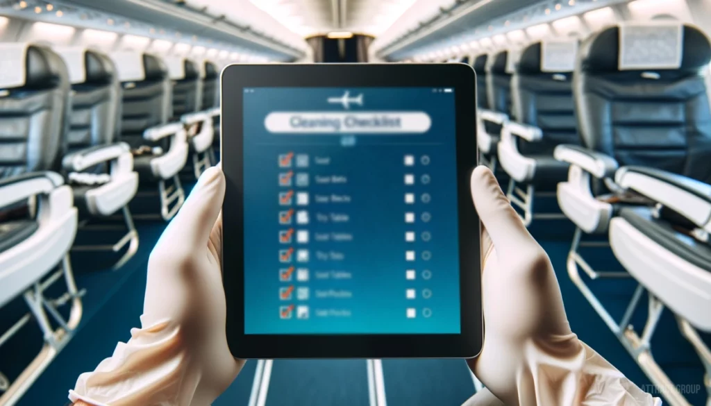 Key Features of Effective Airline Cleaning Scheduling Software. A cabin cleaner's hands holding a tablet with a cleaning checklist app open on the screen. The cleaner should be inside an aircraft cabin, with seats and other cabin features slightly out of focus in the background. The hands should be wearing protective gloves, and the tablet should display a checklist interface with items that might include seat belts, tray tables, and seat pockets, emphasizing the thorough cleaning protocols followed by cabin crew.