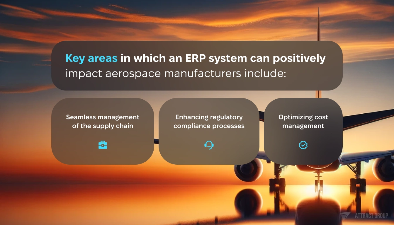 Key areas in which an ERP system can positively impact aerospace manufacturers include. View of an airplane during sunrise or sunset. The focus should be on the tail and rear part of the fuselage, including the horizontal stabilizer and engines. The sky in the background should have warm hues of orange and yellow, creating a gradient typical of sunrise or sunset. The airplane should be silhouetted against this backdrop, with reflections of the sky visible on the shiny surface of the fuselage. The image should convey tranquility and the beauty of flight.