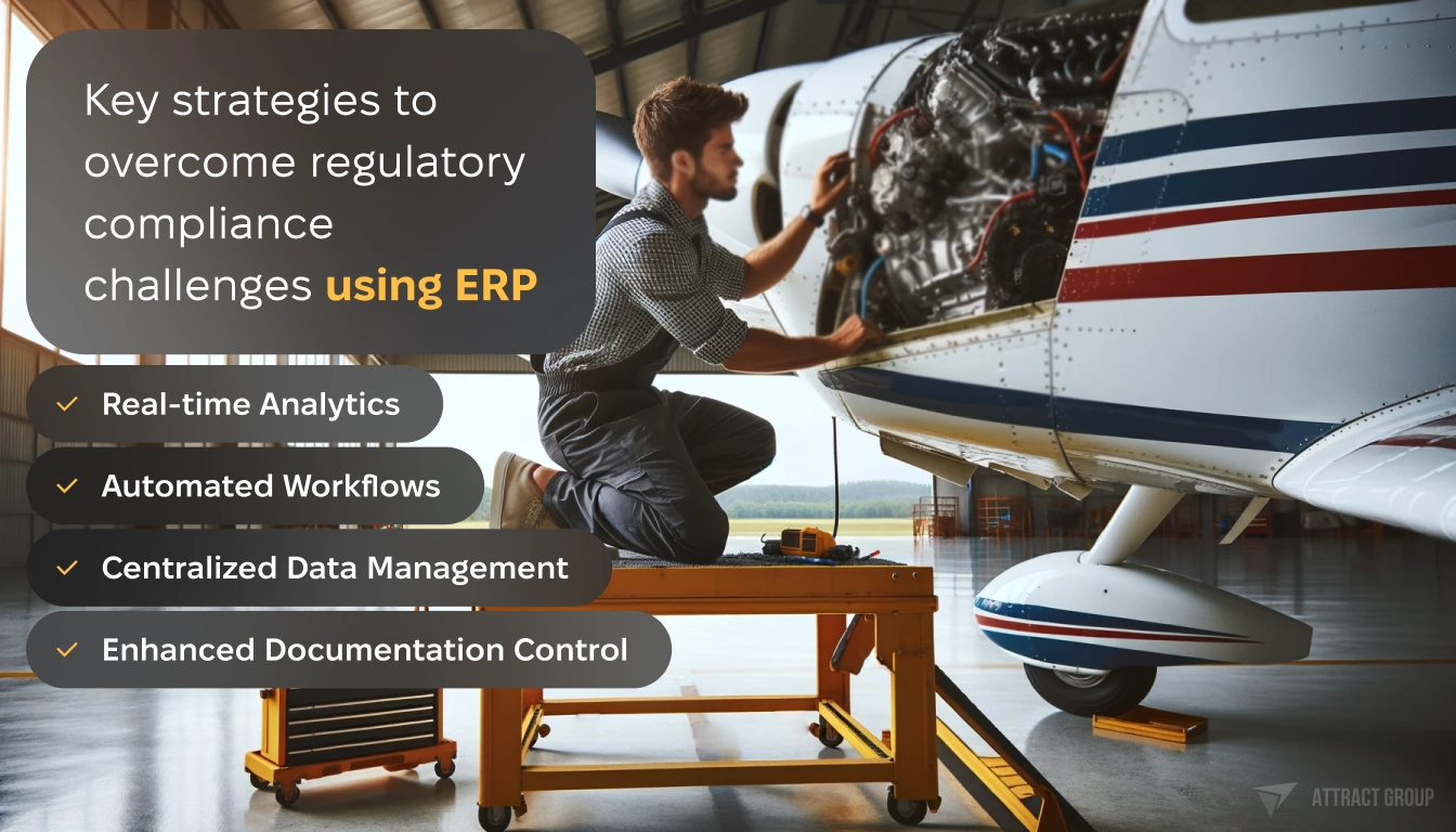 Key strategies to overcome regulatory compliance challenges using ERP. A photo of a mechanic working on the engine of a light aircraft. The mechanic, dressed in a checkered shirt and overalls, is on a yellow platform accessing the open engine compartment on the wing of the plane. The plane is white with blue and red stripes, placed in a spacious, well-lit aircraft hangar or maintenance facility. Tools are visible, indicating maintenance or repair work. The mechanic is focused on his task, illustrating the skill and precision required in aviation maintenance.