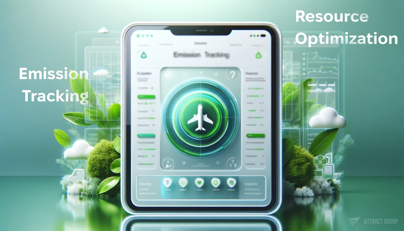 Eco-inspired app interface designed for Emission Tracking. The app features a clear, user-friendly layout with green and blue color themes, symbolizing environmental consciousness. The interface includes visual elements like a white plastic aesthetic and greenery to emphasize its focus on sustainability. The app is specifically tailored for efficient management and implementation of green initiatives in airports, with sections dedicated to tracking, reporting, and optimizing environmental impact.