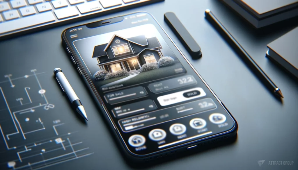 Illustration for Legal and Compliance Aspects in Real Estate Mobile Apps. A sleek, modern smartphone which is the central focus of the image. The background complement the design, making the app interface stand out as the main feature of the image.