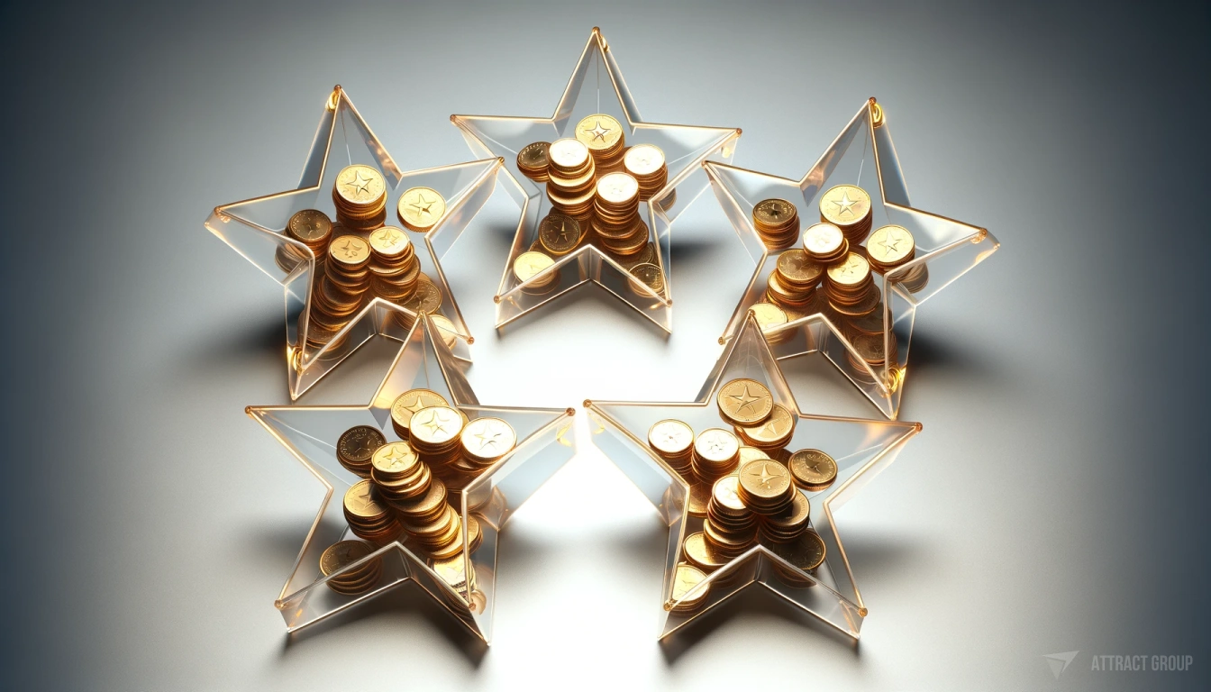 Illustration for Mastering mobile app analytics is crucial for measuring key performance metrics. Five transparent plastic stars filled with gold coins. Each star should be distinct and clearly defined, with the transparency of the plastic allowing the gold coins inside to be visible. The coins should appear shiny and realistic, adding a sense of value and luxury to the stars. The arrangement of the stars should be aesthetically pleasing, possibly in a semi-circular or cascading formation. The overall image should convey a theme of wealth, success, or high rating, symbolized by the gold-filled stars.
