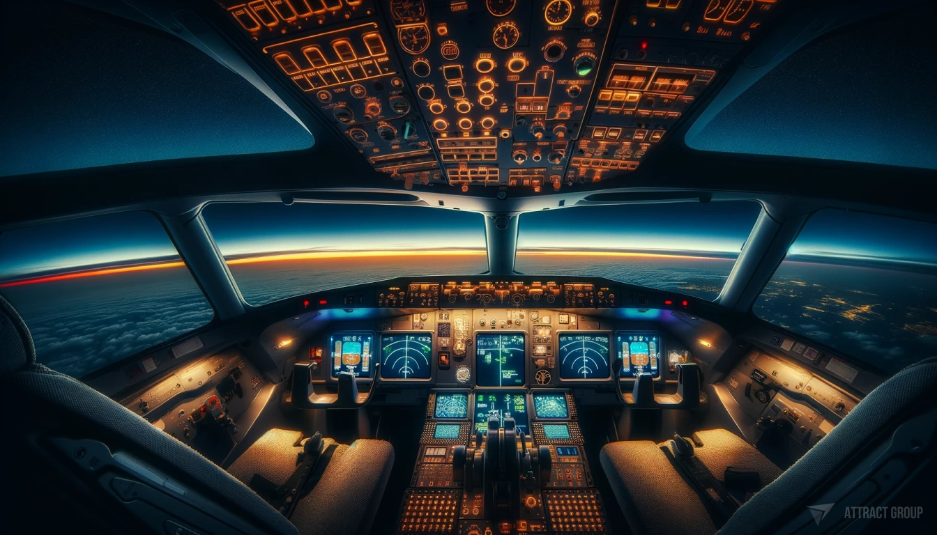 Meeting Unique Aviation Industry Standards. A panoramic view from the cockpit of an airplane during dark twilight. The sky should show a gradient of warm colors transitioning to darker blue. The cockpit must be filled with illuminated instruments and controls, showcasing modern commercial aviation technology. The horizon should be visible through the windshield, with the vast sky dominating the view, evoking a sense of calm and isolation. The curvature of the Earth should be subtly suggested by the horizon line, emphasizing the aircraft's high altitude. The image should capture the quiet, focused atmosphere of the cockpit, with the pilot's perspective of the sky ahead. The textures should be highly realistic to enhance the immersive experience.