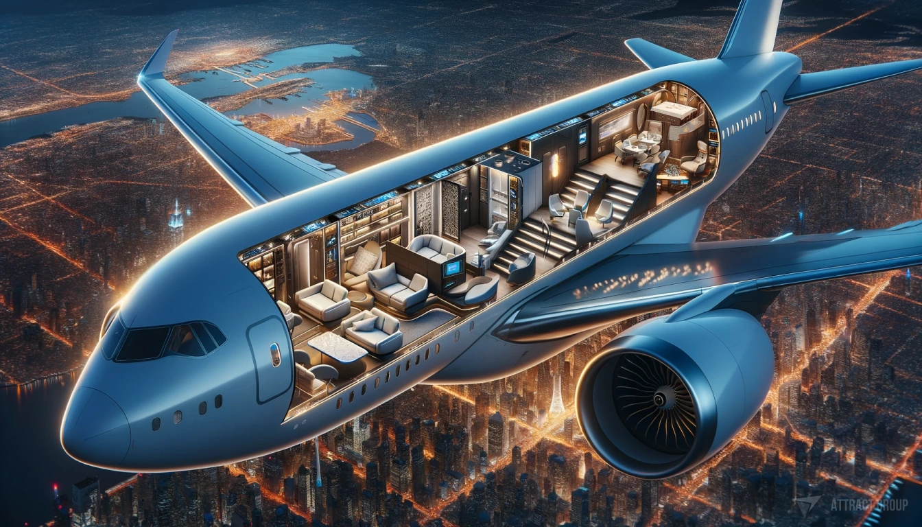 Navigating Regulatory Compliance and Safety Standards in Aerospace ERP Software. A conceptual render of a commercial airplane in a cross-section view that reveals a luxurious interior layout. The interior should include a lounge area, seating, and possibly a bar or meeting space, all depicted with a high level of detail to suggest comfort and exclusivity. The exterior of the plane should be shown flying above a city at night, with urban lights visible below. The background should feature a dark sky to contrast with the brightly lit interior, highlighting the aircraft's design and the high-end travel experience it offers.