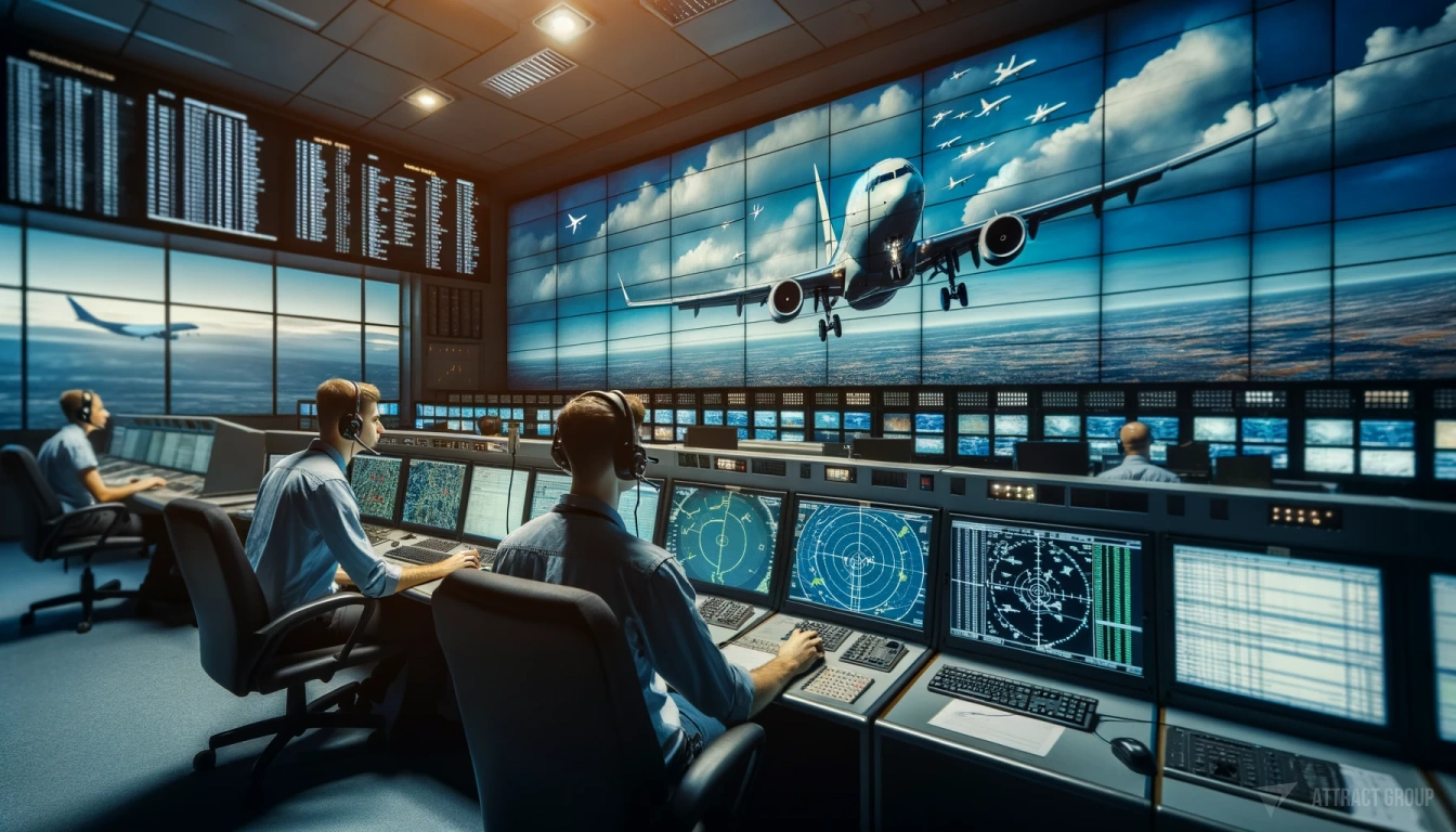 Optimizing Operational Efficiency with Aerospace ERP Systems. Inside of an air traffic control room. Two air traffic controllers are present, both wearing headsets and intently looking at their radar monitors which display flight paths and data. The background features a large mural showing a commercial airplane in flight against a cloudy sky. The room is filled with various computers and technical equipment, illustrating the complex nature of air traffic control operations. The environment suggests a high level of concentration and precision is required in the management of air traffic.