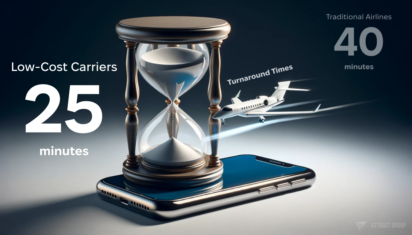 Illustration for Quick turnaround strategies. A large hourglass with a modern smartphone resting on top of it. From the smartphone, depict a private jet taking off. The composition should symbolize the interplay between time, technology, and luxury aviation. The hourglass should appear elegant and substantial, and the smartphone should be sleek and contemporary. The private jet, mid-takeoff, adds a dynamic element to the scene, suggesting speed and advancement. The overall image should convey a sense of sophistication and modernity.