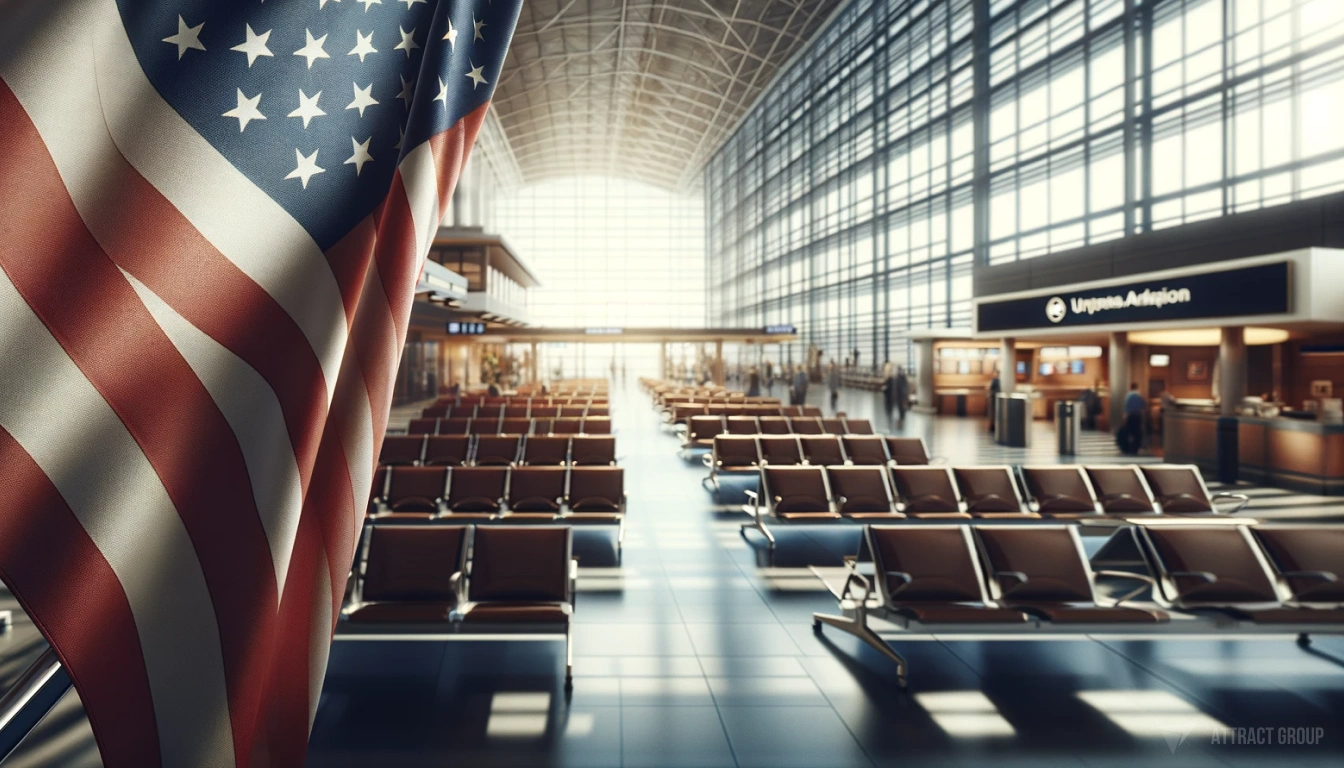 Illustration for Recent cybersecurity incidents have underscored vulnerabilities within aviation infrastructure. Close-up of an American flag. The flag should be the central focus of the image, with its stars and stripes clearly visible, conveying a sense of national pride. In the background, include a blurry airport waiting hall to suggest a travel or aviation context. The setting should be illuminated with natural, soft light, providing a warm and welcoming ambiance. The flag should be captured in such a way that it appears gently waving or stationary, with the background subtly reinforcing the theme of air travel and patriotism.