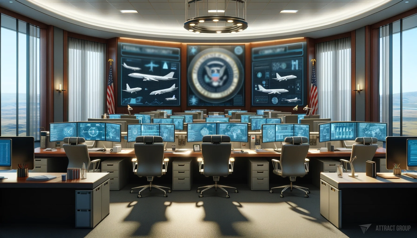 Illustration for Regulatory Frameworks Governing Aviation Cybersecurity. The Office of Federal Cybersecurity. The office should feature multiple monitors with aircraft technology visible on the screens, suggesting a focus on aviation security. The setting should be professional and modern, with desks, ergonomic chairs, and official-looking decorations. Use natural soft light to illuminate the scene, providing a realistic and inviting atmosphere. The overall composition should convey a sense of seriousness and high-level security, typical of a federal cybersecurity office dedicated to protecting aviation technology.