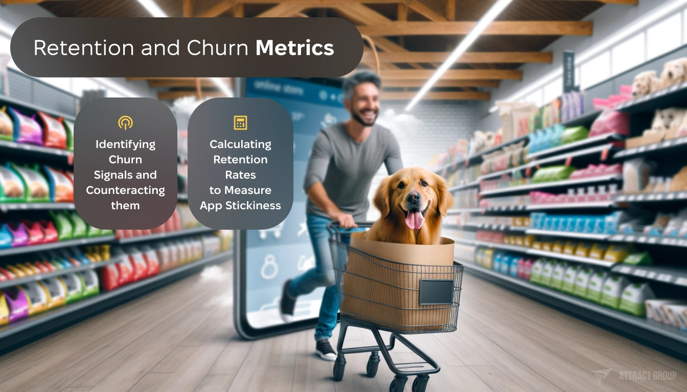 Illustration for Retention and Churn Metrics. An image of a golden retriever in a shopping bag being pushed around a pet store by its smiling owner. The pet store should gradually transition into a large smartphone, symbolizing that it's an online store. The scene should capture the joyful interaction between the owner and the dog, while creatively blending the physical pet store environment with the digital interface of an online store. The smartphone should be prominent, indicating the ease and convenience of online shopping for pet supplies.